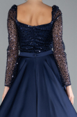 Navy Blue Sequin Long Sleeves Tail Satin Mermaid Evening Gown ABU4332