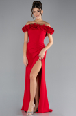 Red Floral Boat Neck Slit Long Mermaid Evening Gown ABU4335