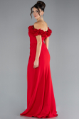 Red Floral Boat Neck Slit Long Mermaid Evening Gown ABU4335