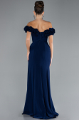 Navy Blue Floral Boat Neck Slit Long Mermaid Evening Gown ABU4335
