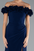 Navy Blue Floral Boat Neck Slit Long Mermaid Evening Gown ABU4335
