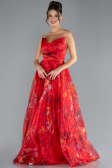 Red Strapless Long Patterned Prom Gown ABU4336