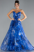Sax Blue Strapless Long Patterned Prom Gown ABU4336