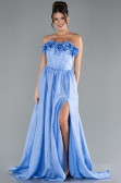 Indigo Floral Strapless Collar Slit Long Prom Gown ABU4337