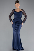 Navy Blue Sequin Long Sleeves Tail Satin Mermaid Evening Gown ABU4332