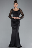 Black Sequin Long Sleeves Tail Satin Mermaid Evening Gown ABU4332
