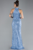 Indigo Halter Neck Slit Long Scaly Evening Gown ABU4376