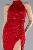 Red Halter Neck Slit Long Scaly Evening Gown ABU4376