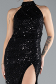 Black Halter Neck Slit Long Scaly Evening Gown ABU4376