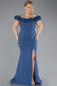 Indigo Floral Boat Neck Slit Long Evening Gown ABU4387
