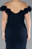 Navy Blue Floral Boat Neck Slit Long Evening Gown ABU4387