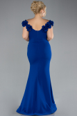 Sax Blue Floral Boat Neck Slit Long Evening Gown ABU4387