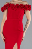 Red Floral Boat Neck Slit Long Evening Gown ABU4387