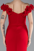 Red Floral Boat Neck Slit Long Evening Gown ABU4387