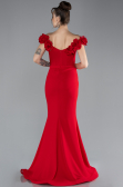 Red Floral Boat Neck Slit Long Evening Gown ABU4387