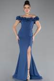 Indigo Floral Boat Neck Slit Long Evening Gown ABU4387