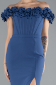 Indigo Floral Boat Neck Slit Long Evening Gown ABU4387