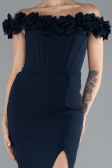 Navy Blue Floral Boat Neck Slit Long Evening Gown ABU4387