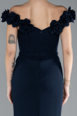 Navy Blue Floral Boat Neck Slit Long Evening Gown ABU4387