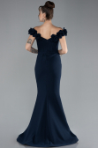 Navy Blue Floral Boat Neck Slit Long Evening Gown ABU4387