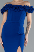 Sax Blue Floral Boat Neck Slit Long Evening Gown ABU4387