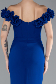 Sax Blue Floral Boat Neck Slit Long Evening Gown ABU4387