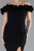 Black Floral Boat Neck Slit Long Evening Gown ABU4387