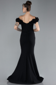 Black Floral Boat Neck Slit Long Evening Gown ABU4387