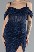 Navy Blue Slit Long Stone Prom Gown ABU4394