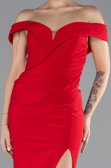 Red Boat Neck Slit Long Evening Gown ABU4400