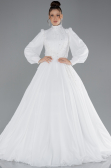 White Long Sleeve Beaded Hijab Plus Size Wedding Dress ABU4452