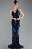 Lacivert Straps Sequin Train Long Mermaid Prom Dress ABU4494