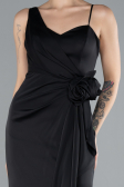 Siyah Slit Long Satin Evening Gown ABU4498