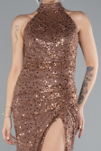 Copper Halter Neck Slit Long Scaly Evening Gown ABU4376
