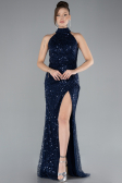 Navy Blue Halter Neck Slit Long Scaly Evening Gown ABU4376