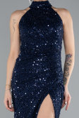 Navy Blue Halter Neck Slit Long Scaly Evening Gown ABU4376