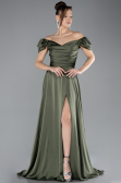 Olive Drab Boat Neck Slit Long Satin Prom Gown ABU4508
