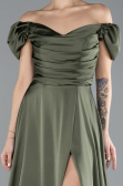 Olive Drab Boat Neck Slit Long Satin Prom Gown ABU4508