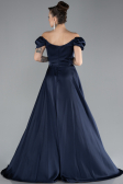 Navy Blue Boat Neck Slit Long Satin Prom Gown ABU4508