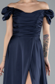 Navy Blue Boat Neck Slit Long Satin Prom Gown ABU4508