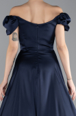 Navy Blue Boat Neck Slit Long Satin Prom Gown ABU4508