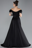 Black Boat Neck Slit Long Satin Prom Gown ABU4508