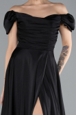 Black Boat Neck Slit Long Satin Prom Gown ABU4508