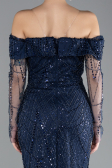Navy Blue Boat Neck Slit Stone Long Mermaid Evenng Gown ABU4521