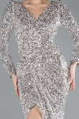Beige Long Sleeve Slit Sequined Evening Gown ABU4512