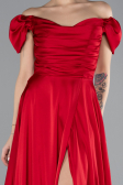 Red Boat Neck Slit Long Satin Prom Gown ABU4508