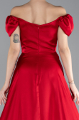 Red Boat Neck Slit Long Satin Prom Gown ABU4508