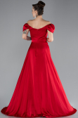 Red Boat Neck Slit Long Satin Prom Gown ABU4508