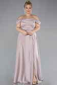 Beige Strapy Slit Long Satin Plus Size Evening Gown ABU4528