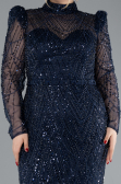 Navy Blue Long Sleeve High Collar Stoned Evening Gown ABU4526